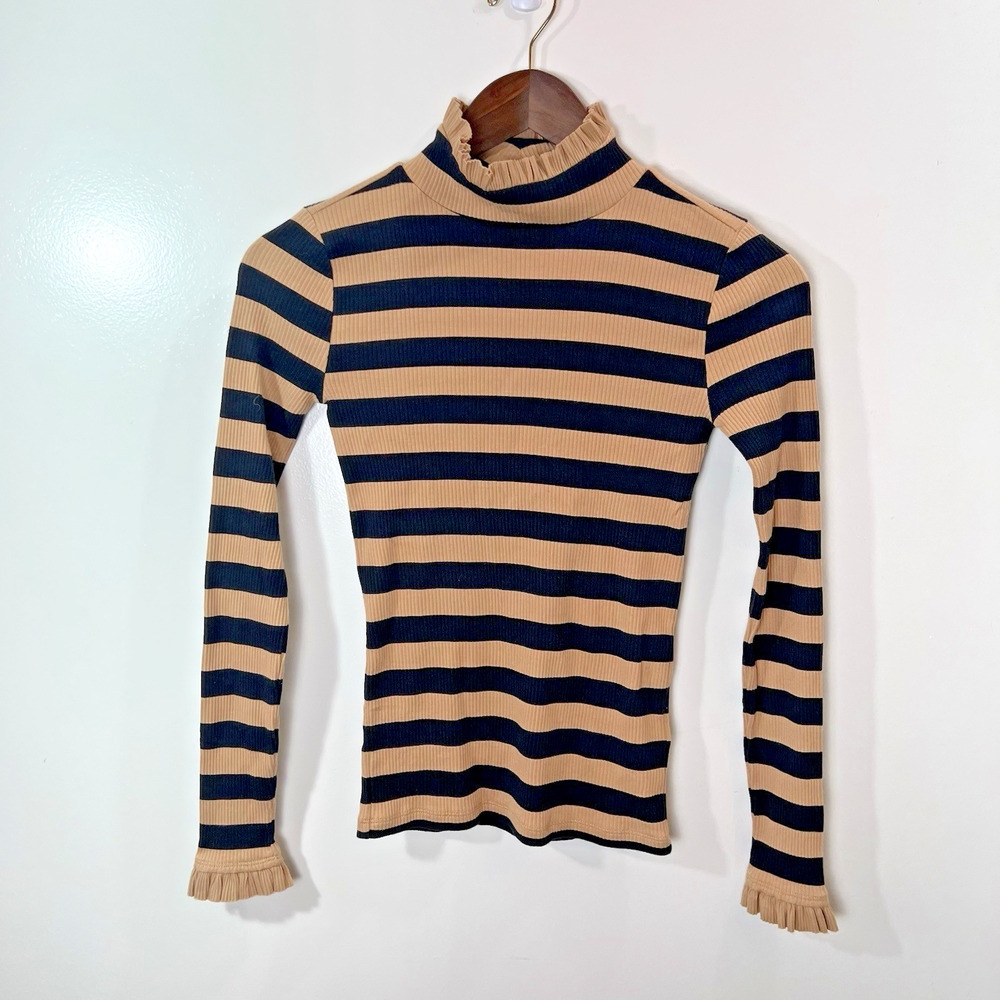 J.Crew Women's Ribbed Stripe Turtleneck Size XXS Black Brown Ruffles French Girl